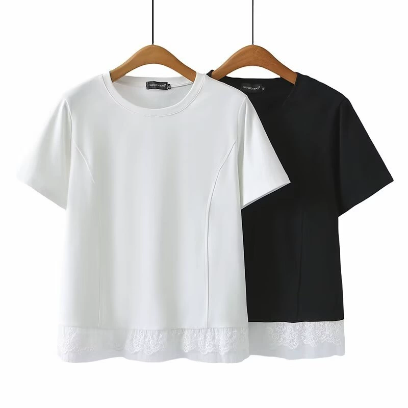 Женская летняя футболка больших размеров с кружевными краями и короткими рукавами, новая повседневная модная простая свободная футболка с короткими рукавами 2517