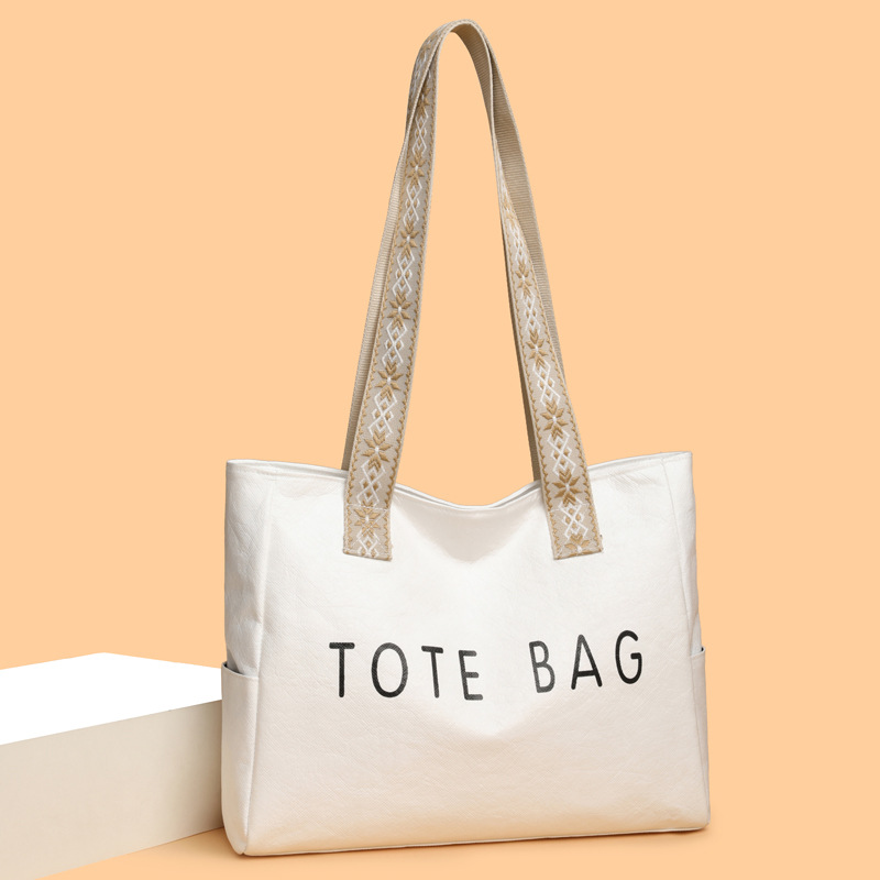 Spring/Summer New Simple Fashion Retro Large Capacity Tote Bag Versatile Cowhide Texture Handbag For Women - Thumbnail 2