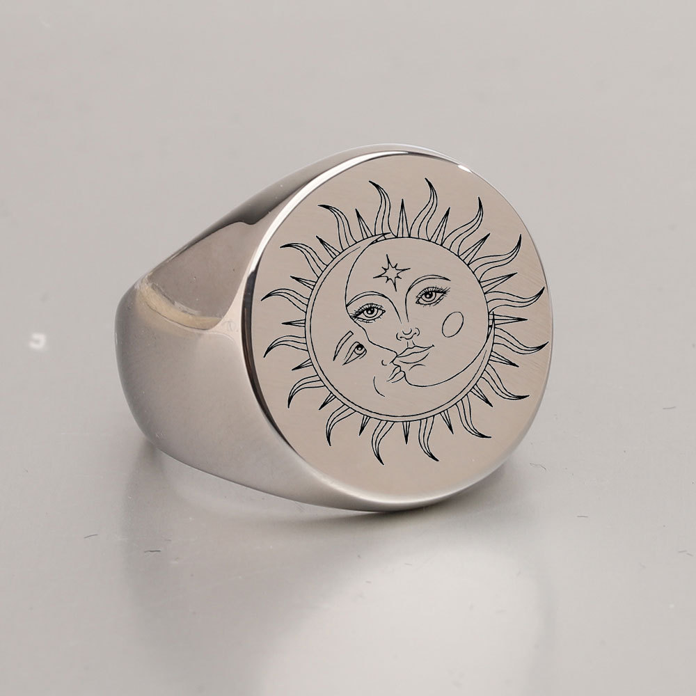 Unisex Gender Plating Design Hip-hop Punk Sun Moon Titanium Steel Plating Unisex Wide Band Ring