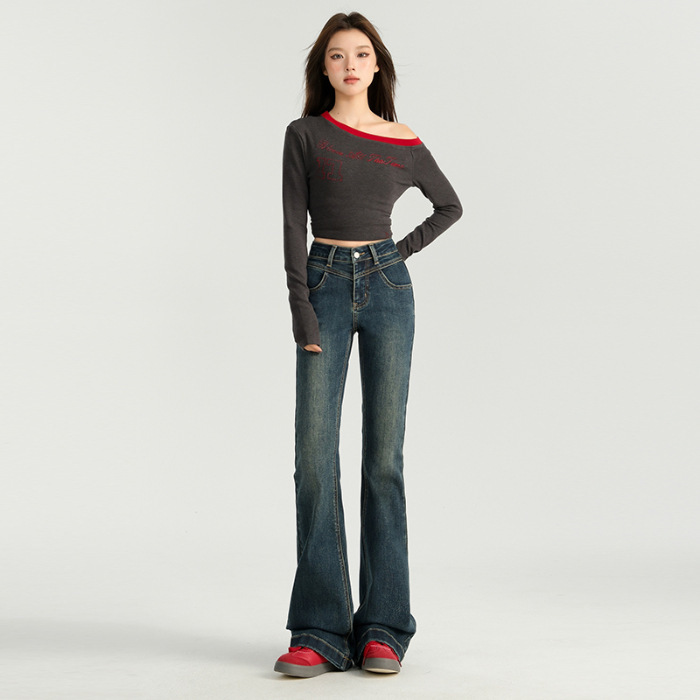 复古蓝微喇叭牛仔裤女2025年秋季新款高腰显瘦弹力修身百搭喇叭裤|undefined