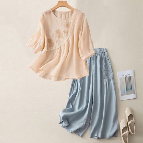 Summer New Fashion Set Round Neck Five-Pointer Short Sleeve Cotton Linen Embroidery Literary Slimming Retro Loose Casual Pants