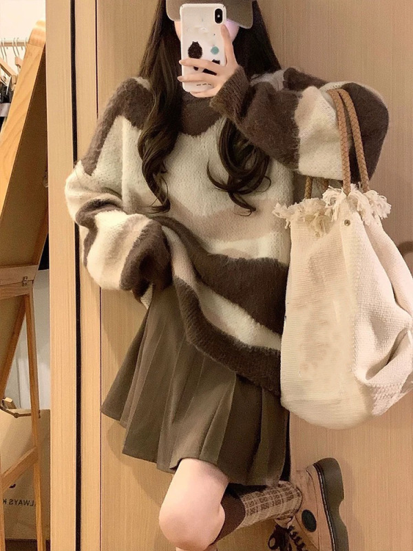 美拉德撞色条纹套头毛衣女2025秋冬新款复古宽松显瘦软糯针织衫潮|undefined