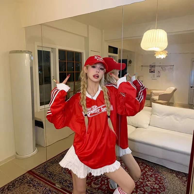 2026 American Retro Patchwork Color-Block Striped V-Neck Letter T-Shirt Sports Long-Sleeve Loose Versatile Jersey Top Trendy 2026 American Retro Patchwork Color-Block Striped V-Neck Letter T-Shirt Sports Long-Sleeve Loose Versatile Jersey Top Trendy