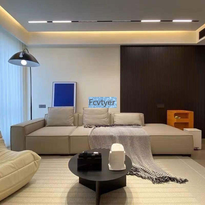 Langyu Jia Yue Leather Art Sofa for Small Spaces, Tofu Block Straight Row, Italian Minimalist Side Living Room, Cream Style, Light Luxury Chaise Longue