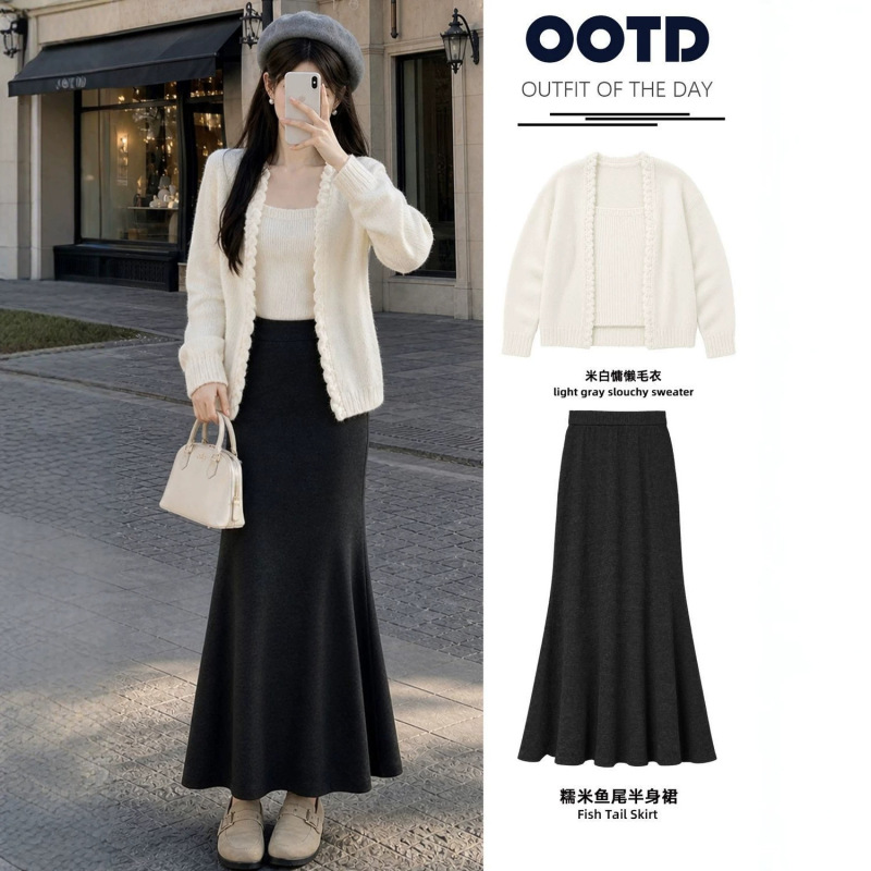 Women's fishtail skirt, autumn 2026 new model, black high-waisted slimming A-line long skirt, knitted bodycon skirt for petite women Women's fishtail skirt, autumn 2026 new model, black high-waisted slimming A-line long skirt, knitted bodycon skirt for petite women