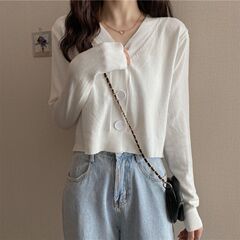 春秋2025新款V领黑色针织衫短款上衣女薄款长袖内搭开衫毛衣外套