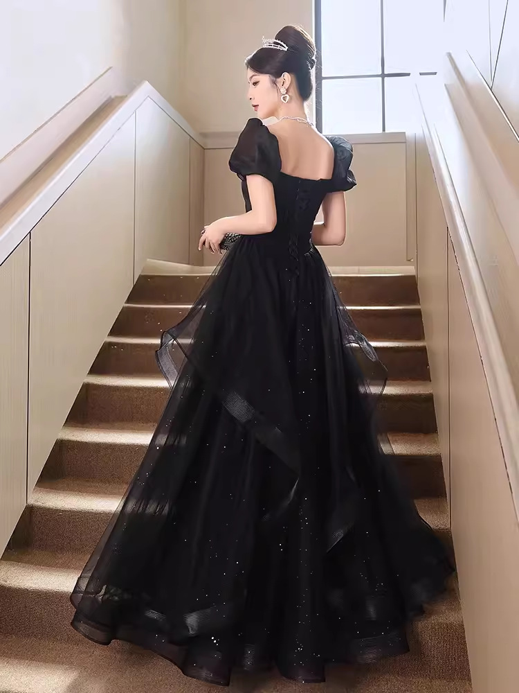 Vestido de noche negro vestido de banquete femenino temperamento lujoso ligero de alto nivel estudiante de alta gama exámenes de arte presidieron el vestido de actuación de mitzvah