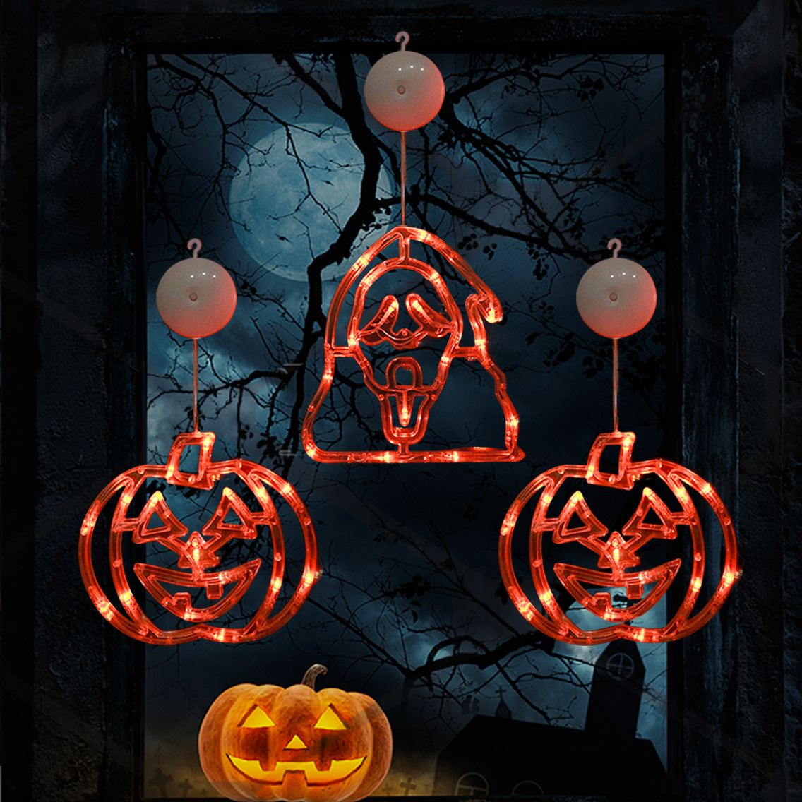 Decoración de Halloween linterna de calabaza bruja murciélago lámpara de ventosa cadena de luz LED atmósfera de fiesta transfronteriza luz de colores luz de ventana