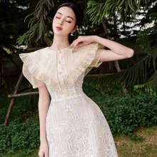 越南泰国潮牌2022夏新款刺绣蕾丝拼接荷叶边淑女法式连衣裙子9937