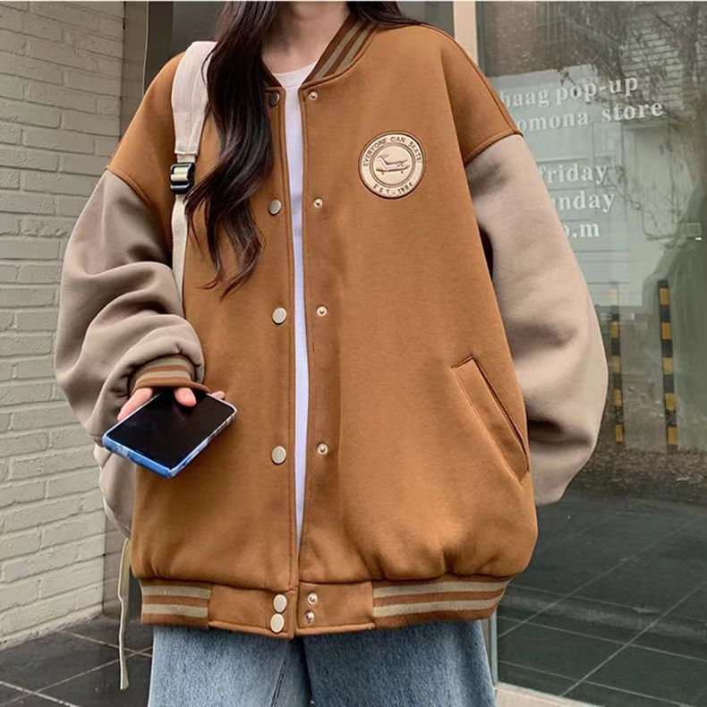 慵懒风棒球服外套女秋冬新款韩版加绒加厚复古宽松休闲卫衣ins潮|undefined
