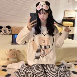 睡衣女秋冬新款双面德绒印花套装韩版宽松甜美可爱卡通休闲家居服