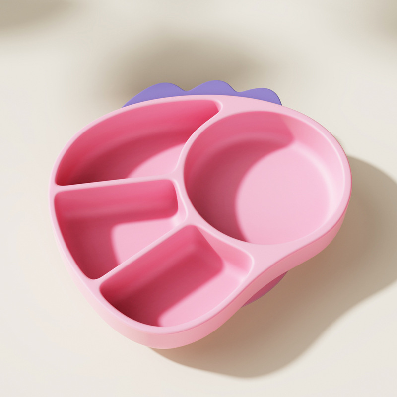 Placa de comedor de rejilla dividida de silicona para niños, tazón de adyuvante de dinosaurio de dibujos animados de grado alimenticio para entrenar al bebé para comer y separar la vajilla