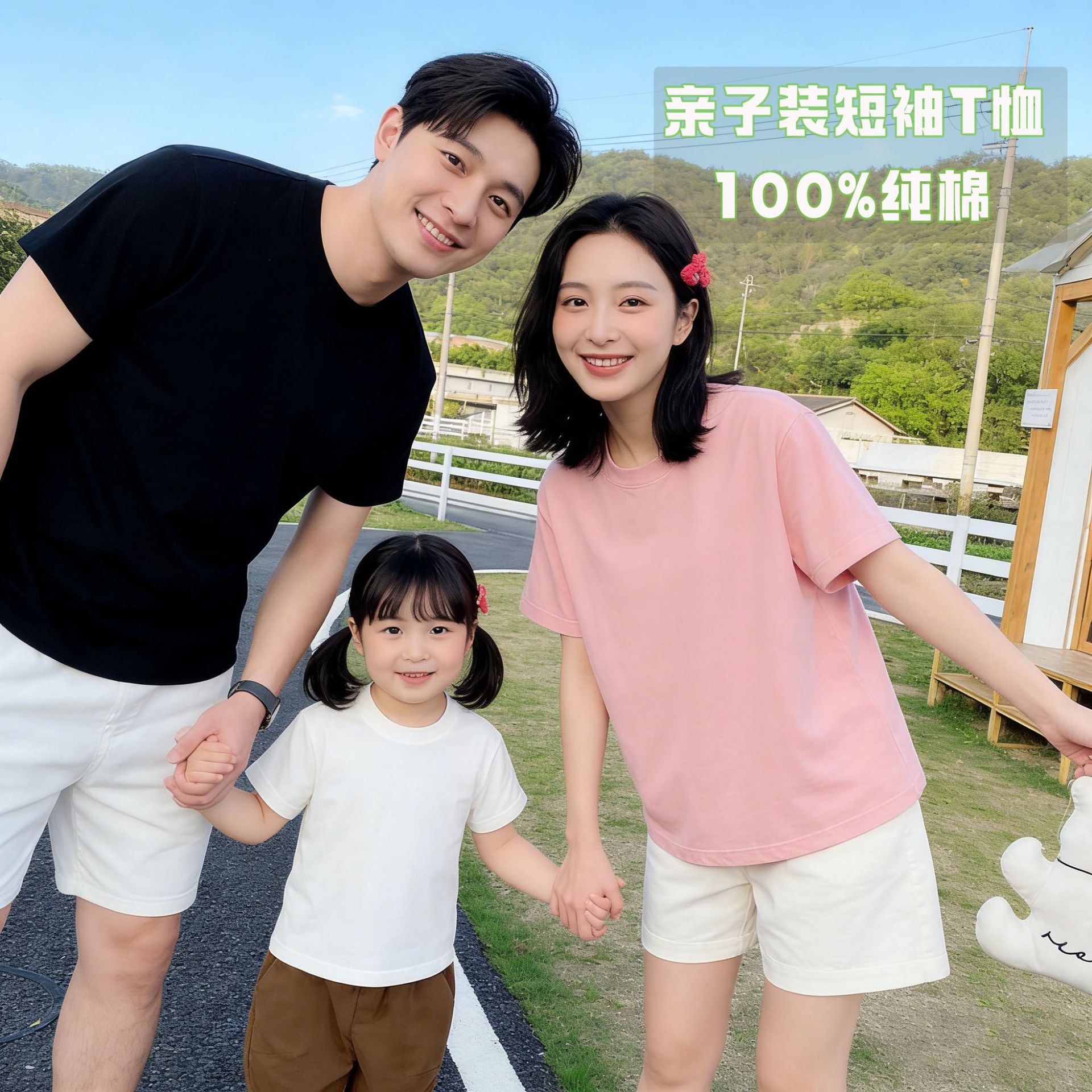亲子装100%纯棉短袖t恤夏季男女儿童圆领全棉童装白色内搭打底衫