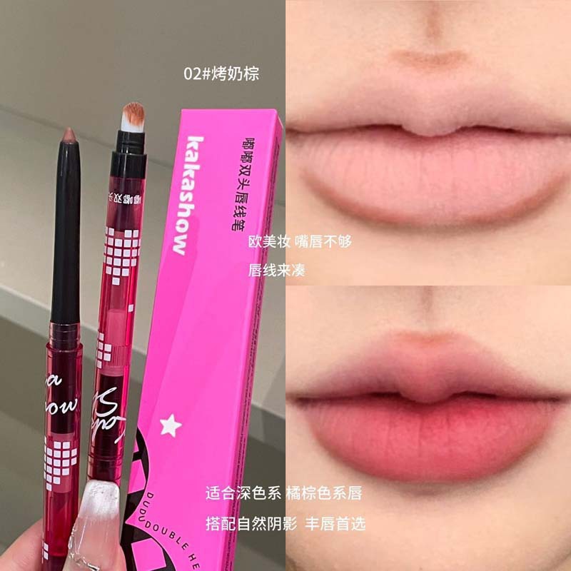 Maquillaje Kakashow doble cabeza lápiz de labio de contorno de labio de color duradero impermeable mate falso fabricante de labio