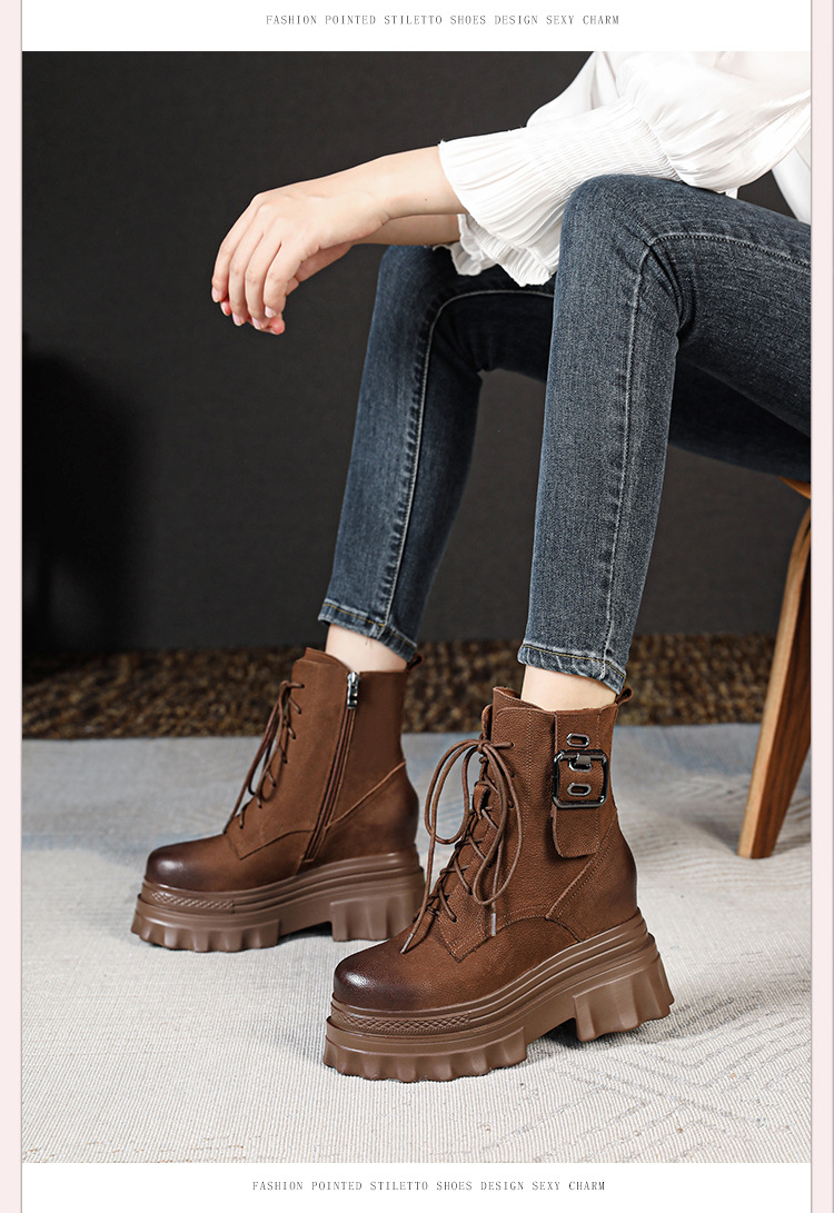 Boot nữ cổ thấp phong cách Anh quốc cổ điển, khóa kéo bên hông, đế dày 10 cm tăng chiều cao — Lót nhung đen chi tiết 3