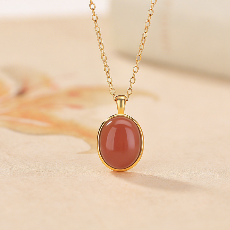 Mặt dây chuyền bạc S925 mạ vàng hình oval đính đá mã não đỏ phong cách tối giản — Mã não đỏ (mặt dây chuyền đơn)