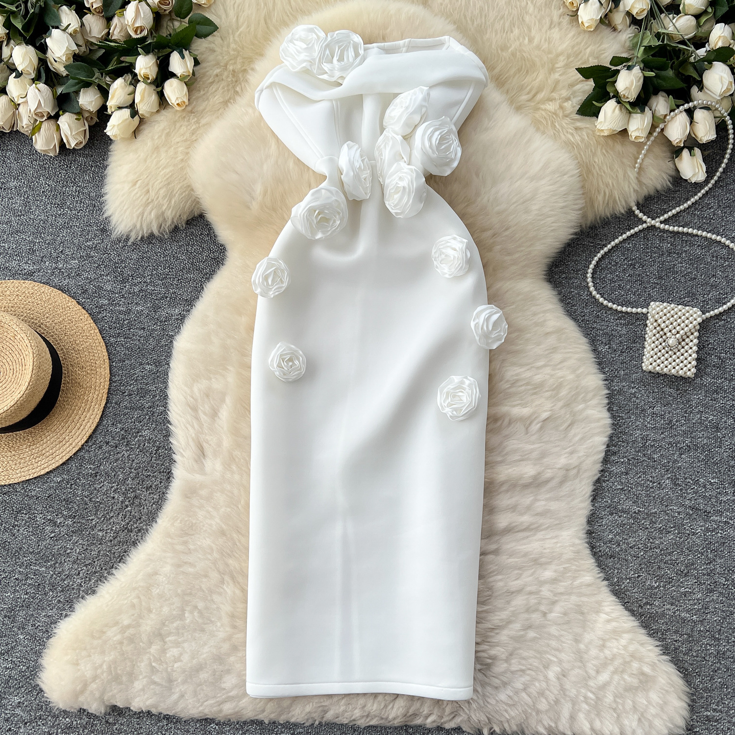 Carefully Selected Strapless Dress for Women, European and American High-End Socialite, Heavy Craftsmanship, Three-Dimensional Floral Design, Sleeveless, Waist-Cinching, Slimming, Elegant, Body-Hugging