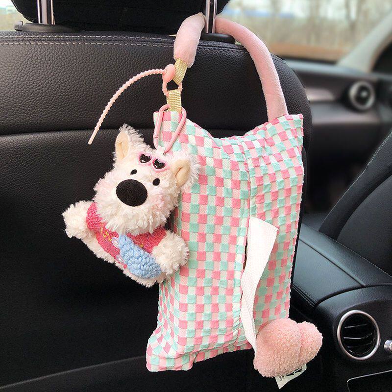 Car tissue box, fabric car backseat hanging tissue box, creative and cute car tissue storage bag for women