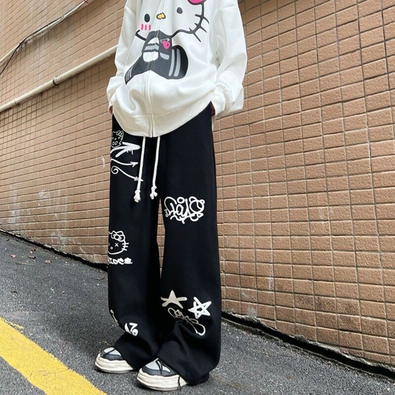 American-style Hello Kitty Print Casual Pants Women's Autumn and Winter Loose Retro Graffiti Straight Hip-hop Sports Pants Ins Trendy