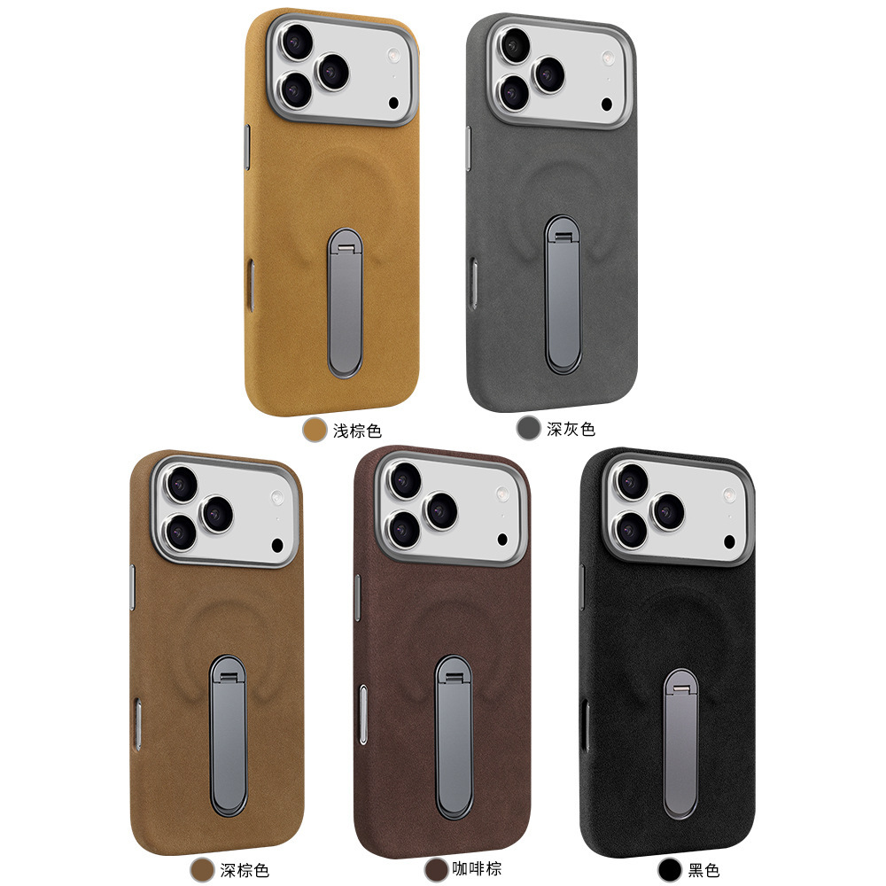 Ốp lưng iPhone 16/17 Pro da lộn từ tính có chân đứng ẩn — màu đen, nâu, màu xám, Kaki chi tiết 2