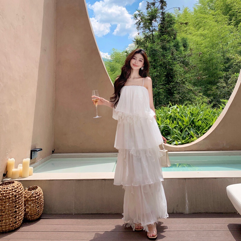 French-Style Heavy-Duty Pleated White Ruffled Cake Strap Dress with an Ethereal and Elegant Vibe, Suitable as a Morning Robe or Gown French-Style Heavy-Duty Pleated White Ruffled Cake Strap Dress with an Ethereal and Elegant Vibe, Suitable as a Morning Robe or Gown