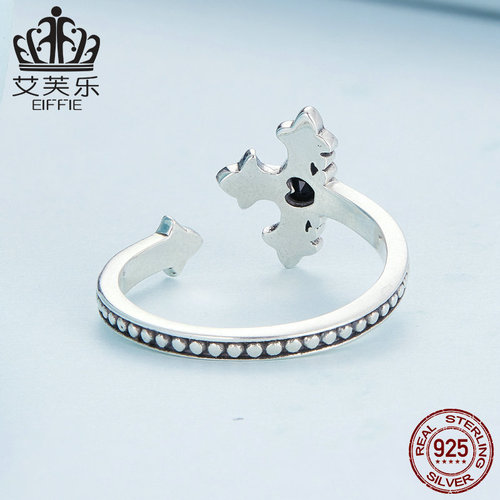 Avro original s925 sterling silver cross open ring simple black heart-shaped zircon dark ring bracelet