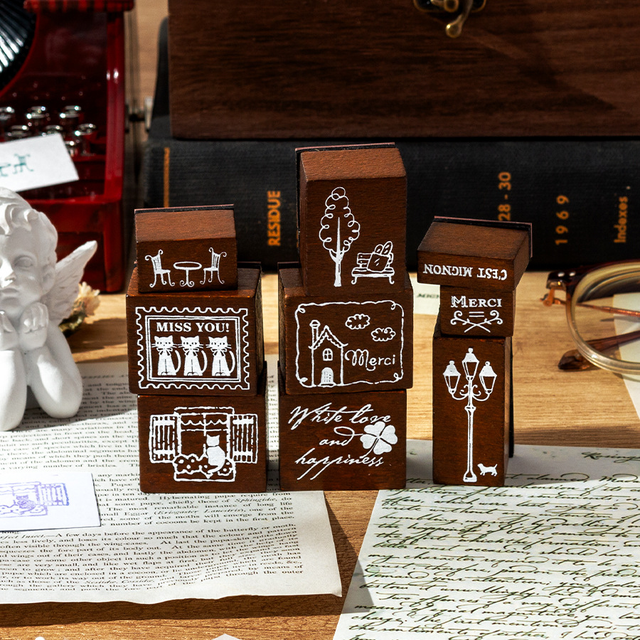 Bendición en francés, madera de loto retro creativa, frases de bendición en francés, cuentas de mano de bricolaje, juego de sellos de madera, especial transfronterizo