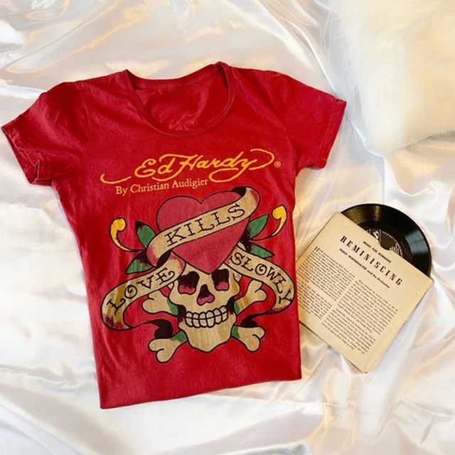 해외 무역 국경 여성 티셔츠 복고풍 그래픽 인쇄 슬림 고스 탑 여름 캐주얼 스트리트 펑크 티셔츠