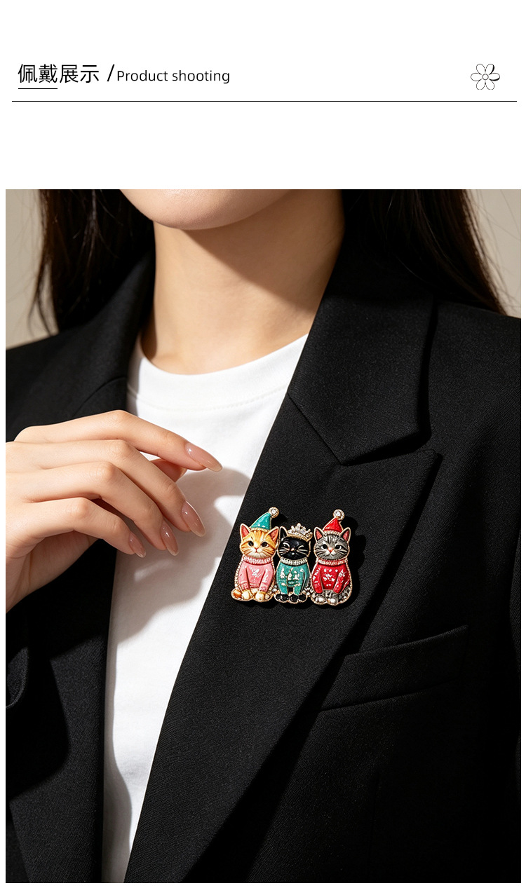 Christmas sweater kitten brooch, alloy enamel with rhinestones, cat and calico cat design, suit pin, holiday accessory