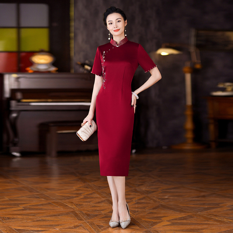 Acetate satin cheongsam long embroidery Wedding Toast dress high-end elegant bridal mother evening dress new Chinese style