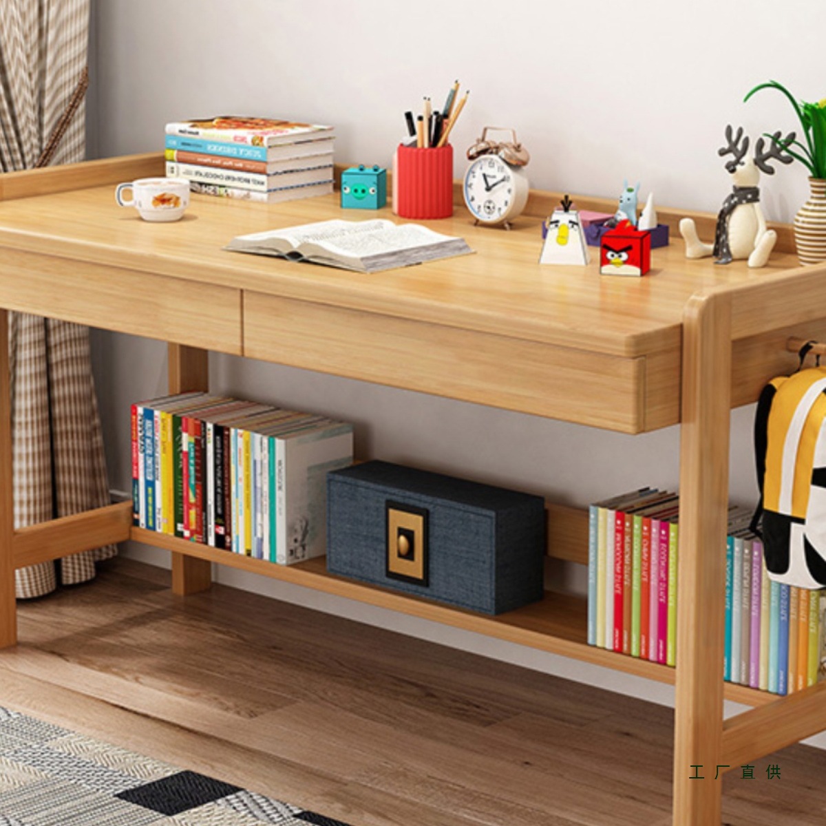 Solid Wood Children's Study Table for Primary School Students, Liftable Household Rubber Wood Writing Desk, Computer Table, Log Desk, Fixed