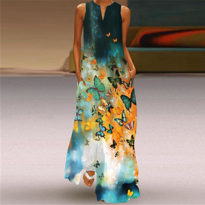 2026 Summer New European and American Retro Printed Long Dress V-Neck Multi-Color Long Sexy Sleeveless Dress