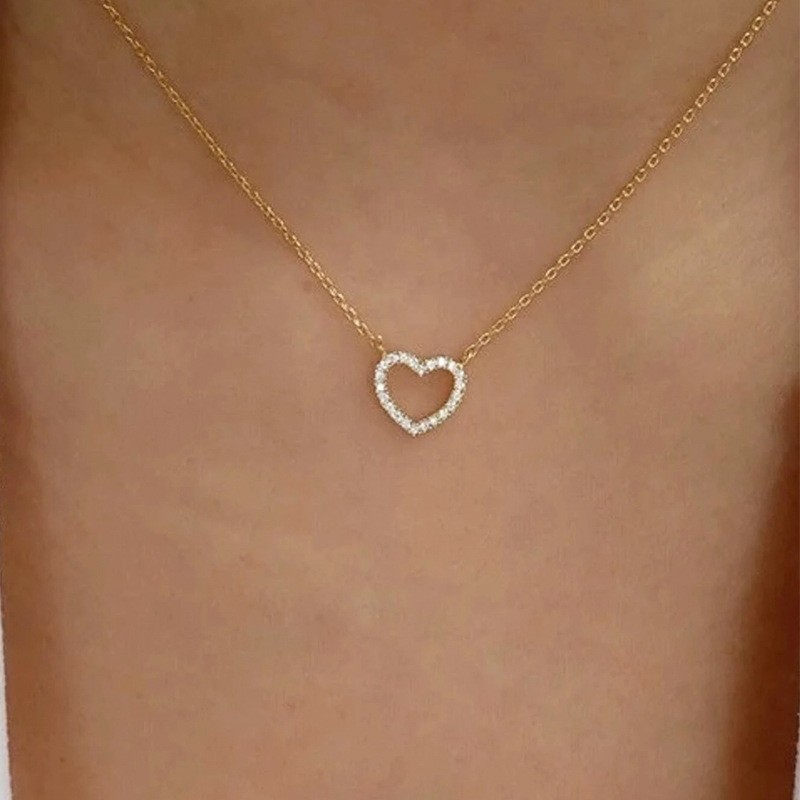 new full diamond stacked double-layer love clavicle chain creative snake bone chain peach heart pendant necklace_voghion.com