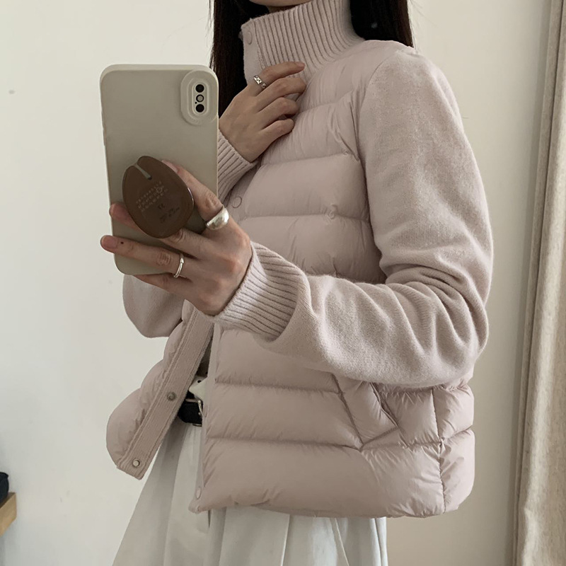 90白鸭绒针织袖拼接羽绒服女短款2025冬季高领修身显瘦保暖上衣潮