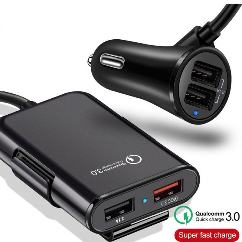 Cross-Border Multi-Port USB Car Charger, One-To-Four, Front and Rear Seat Charging, Car Cigarette Lighter Qc3.0 Fast Charging Car Charger