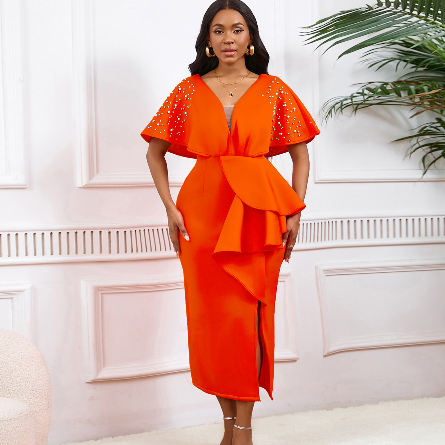 Robe de soirée sexy à col en V et à volants avec fente perlée, robe de banquet de tempérament de célébrité_voghion.com