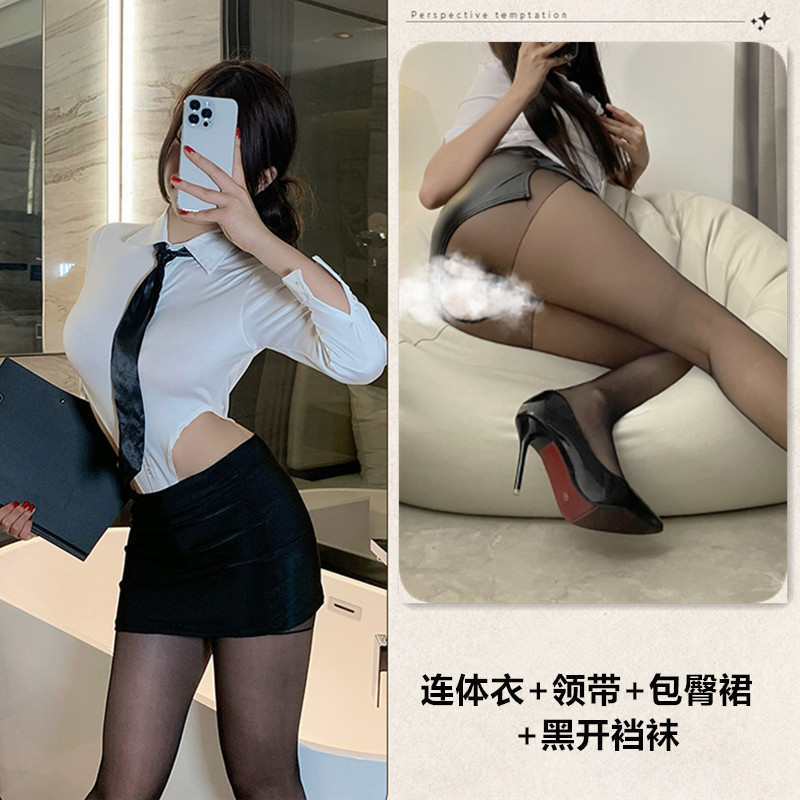 [히든버튼 가랑이 점프수트 + 타이] + 블랙 힙스커트 + 블랙 가랑이 없는 양말