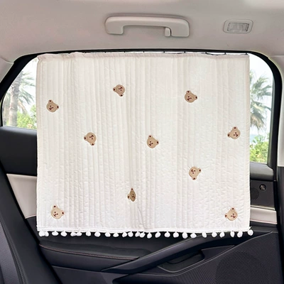 Summer car sunshade cartoon car sunscreen heat insulation sunshade cute rail car curtain sunshade (Car curtains) - recessed-track-quilted-pom-pom-embroidered-curtain-bear