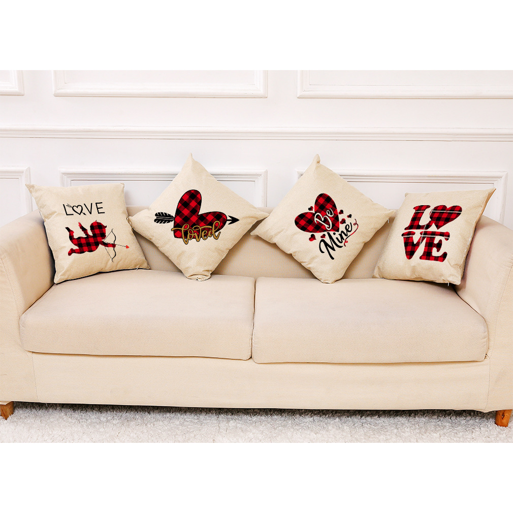 wish 亚马逊新款格子情人节棉麻抱枕套 汽车抱枕家居沙发靠垫批发