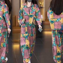 实拍大码女装2025秋季新款胖妹妹时尚减龄宽松显瘦哈伦裤两件套