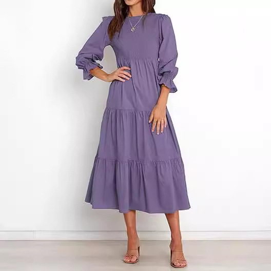 European and American Women's Long Sleeve Round Neck Bohemian Loosen Floral Elegant Long Dress Layered Cocktail Dress