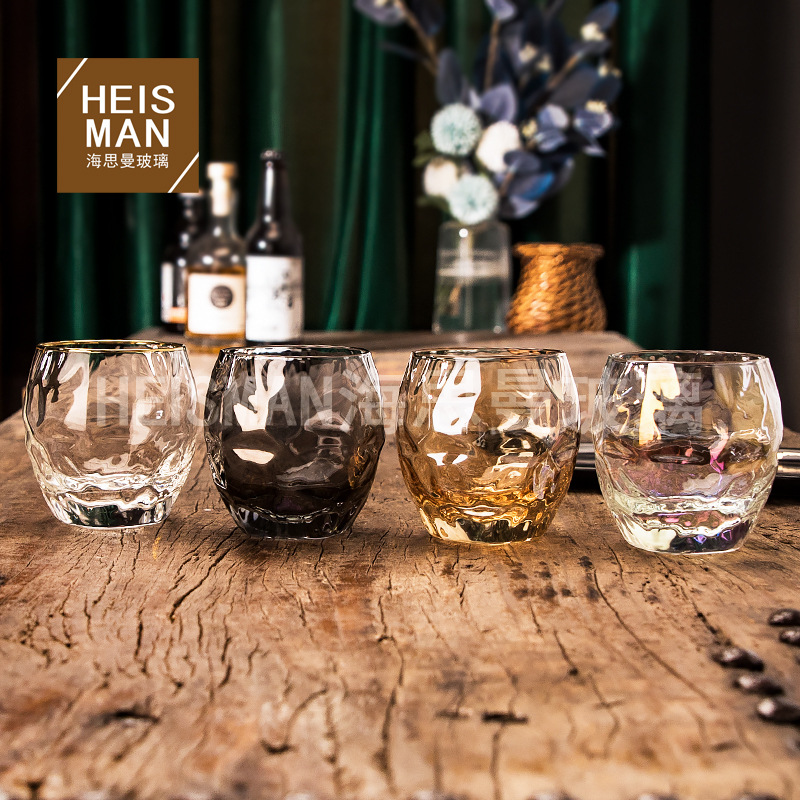 創意菠蘿威士忌酒杯異形玻璃水杯家用透明蛋形杯金邊杯子果汁杯