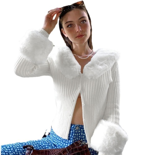 European and American Winter Long-Sleeve Top with Sexy Furry Collar, Knitted Jacket for Women