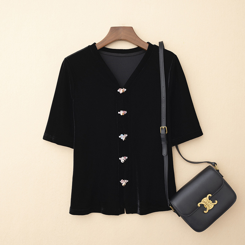 Women's Wholesale Simple All-match Knitted Short-sleeved Cardigan V-neck Top Slimming Gold Velvet Shirt Base Shirt T-shirt