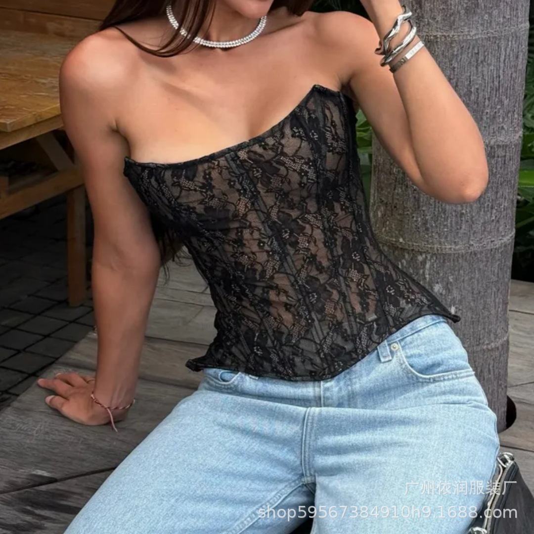 Amazon nueva seducción de la hermana imperial de encaje sexy nicho de diseño sensación de correa de hueso de pescado cintura retraída de espalda expuesta blusa de pecho image 3