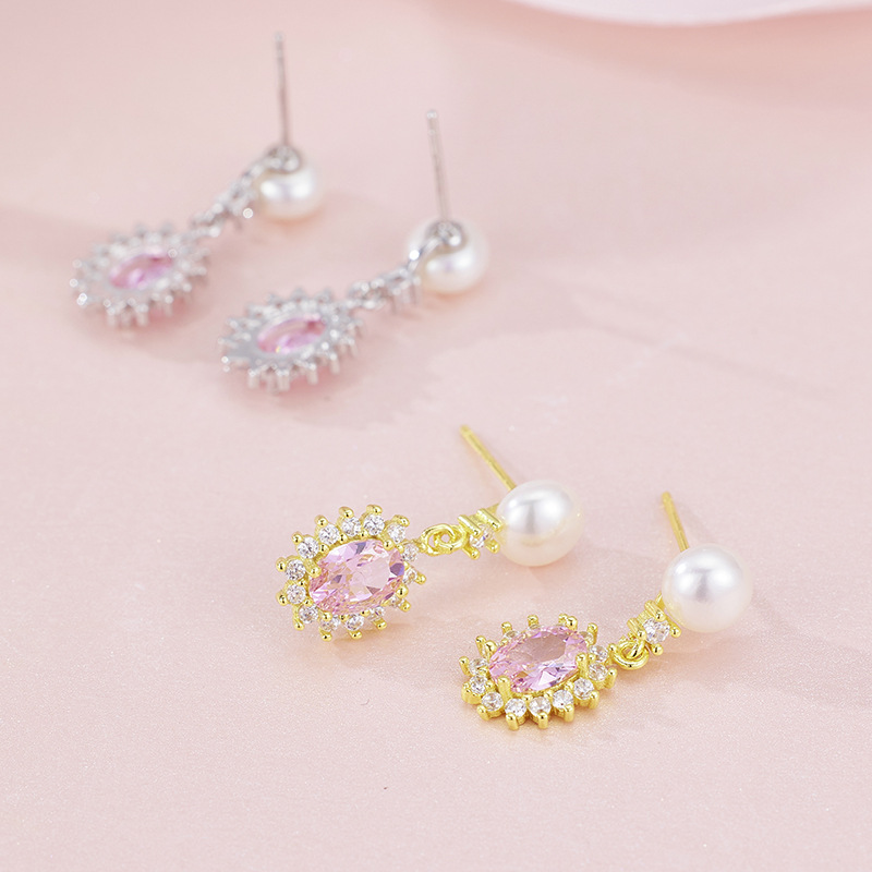 Natural Freshwater Pearl Powder Gemstone Full Diamond Earrings Accessible Luxury Versatile Design Sweet Earrings Women's Elegant Summer
