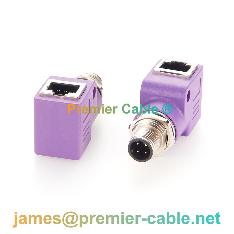 M12 D-Coded 4-Pin to Rj45 Right-Angle Adapter Industrial Ethernet Adapter 90-Degree Elbow Connector M12 D-Coded 4-Pin to Rj45 Right-Angle Adapter Industrial Ethernet Adapter 90-Degree Elbow Connector