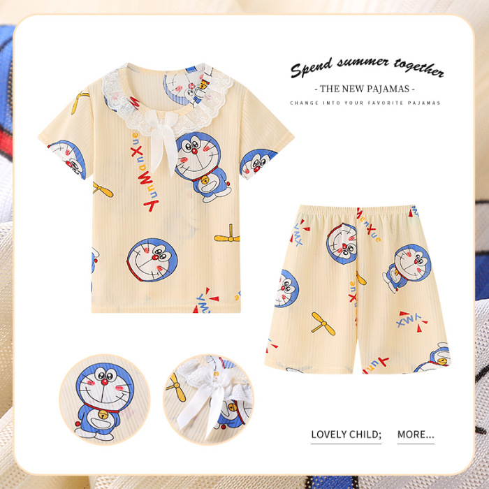 Pijamas de las niñas de verano de dibujos animados para niños de manga corta princesa estilo lindo Delgado medio y grande desgaste del hogar de los niños traje de encaje al por mayor