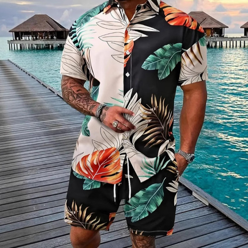 Trendy New Hawaii Cross-border Summer Men's Clothing Bestselling Versatile Collar Casual Short-sleeve Shirt and Shorts Set