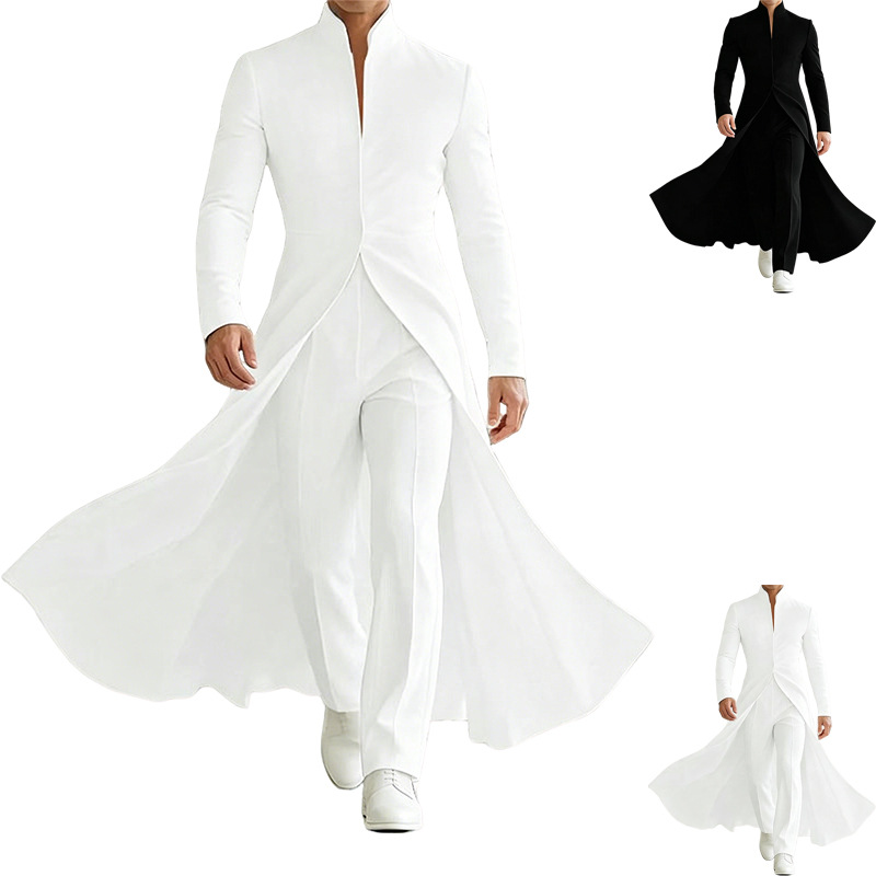 Cross-border European and American men's stand-up collar two-way wear long suit with a cinched waist, single-button A-line large hem banquet blazer